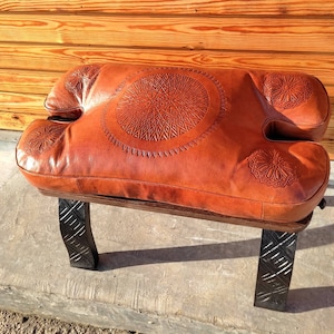 Large Camel Saddle Stool, Ottoman Piano Bench Seat, Wooden Saddle Stool With Genuine Leather Cushion, Boho Versatile Large Stool