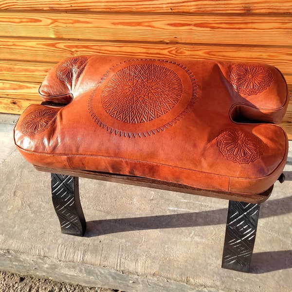 Large Camel Saddle Stool, Ottoman Piano Bench Seat, Wooden Saddle Stool With Genuine Leather Cushion, Boho Versatile Large Stool