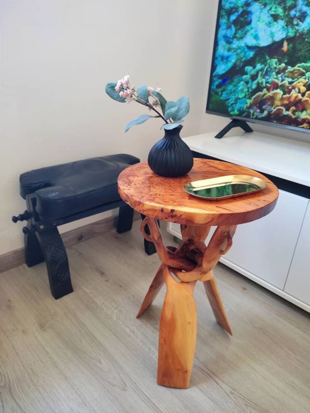 Hand-carved Table Withe Red Wood Juniper, Carved Wooden Side