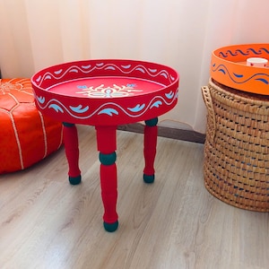 DIY Wooden Side Table - Hand Painted Round Balcony Table - Arabic Painted Tea Table - Colored Wooden Table From Morocco - Floral Multicolor.