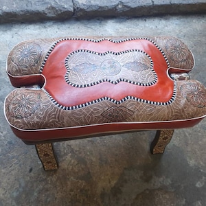 Large Camel Saddle Stool, Ottoman Piano Bench Seat, Wooden Saddle Stool With Genuine Leather Cushion, Boho Leather Stool, Moroccan Style image 3