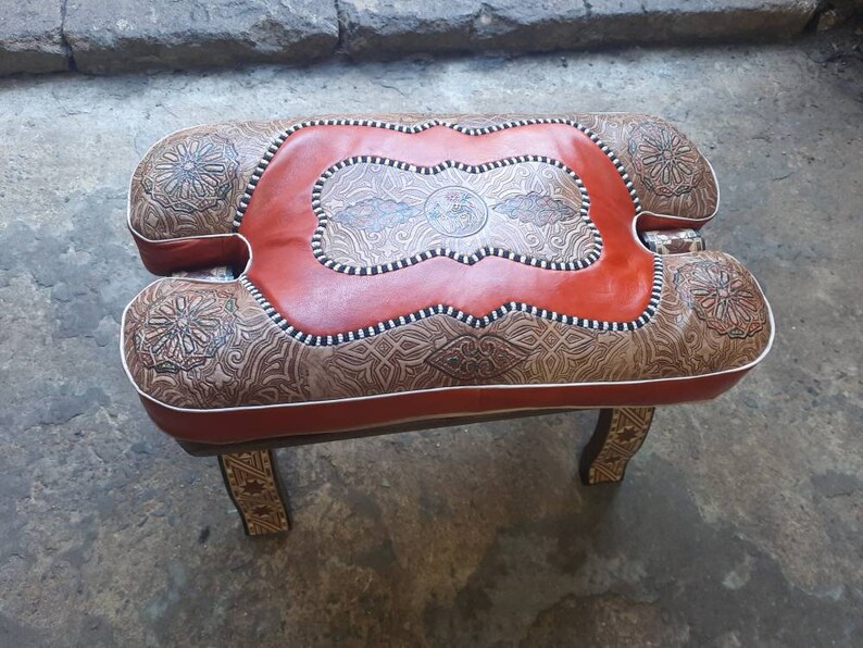 Large Camel Saddle Stool, Ottoman Piano Bench Seat, Wooden Saddle Stool With Genuine Leather Cushion, Boho Leather Stool, Moroccan Style image 3