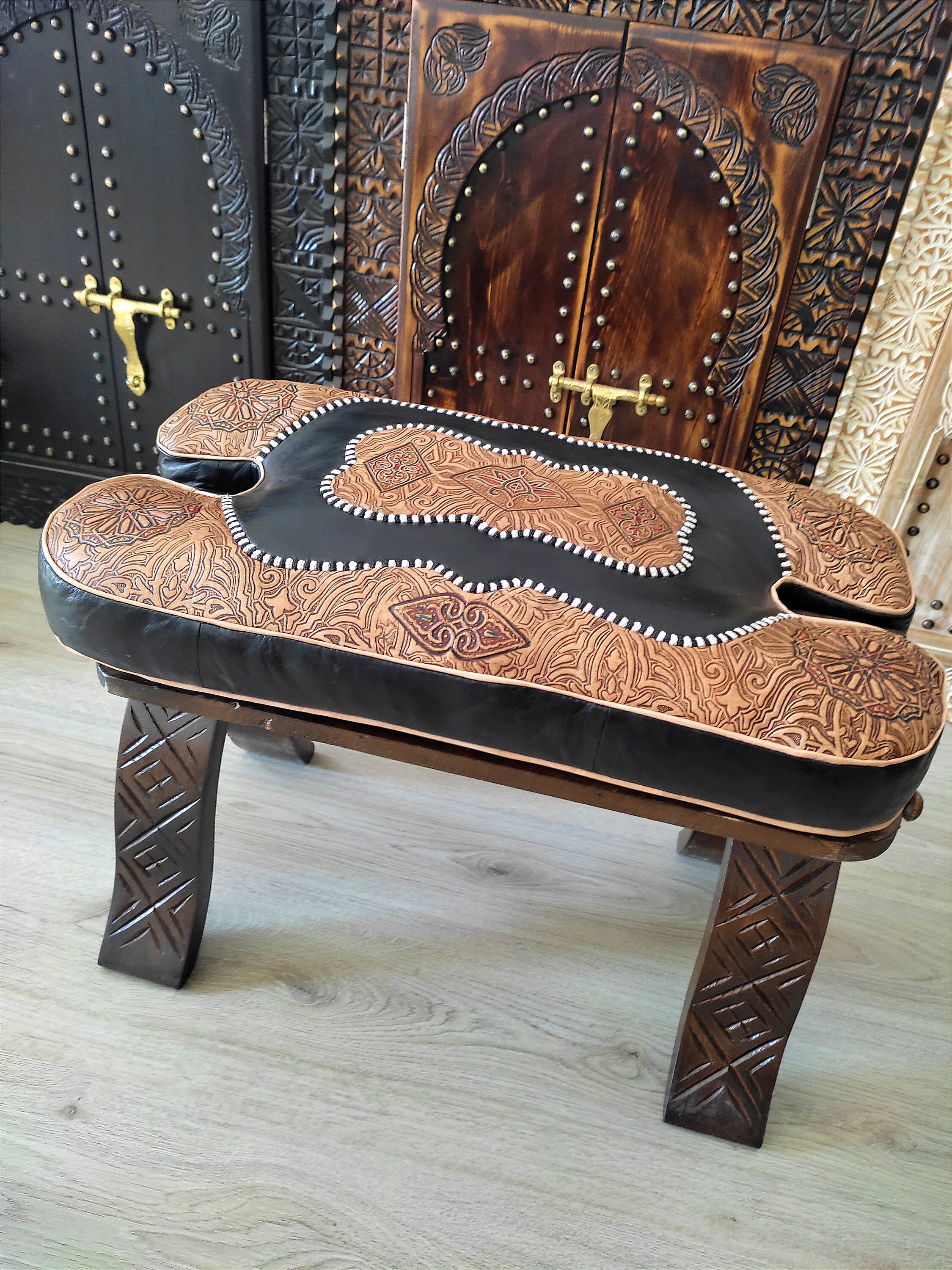 Black Arabesque Stool, Camel Saddle Stool in Moroccan Style With ...