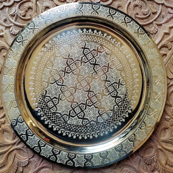 Gorgeous Hand-Etched Brass Tray Inspired By Ancient Moroccan Geometric Motifs, Multipurpose Round Brass Tray, Authentic Moroccan Tea Tray.