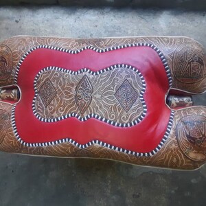 Large Camel Saddle Stool, Ottoman Piano Bench Seat, Wooden Saddle Stool With Genuine Leather Cushion, Boho Leather Stool, Moroccan Style image 6