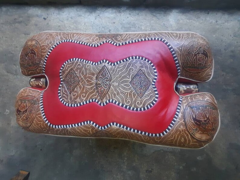 Large Camel Saddle Stool, Ottoman Piano Bench Seat, Wooden Saddle Stool With Genuine Leather Cushion, Boho Leather Stool, Moroccan Style image 6