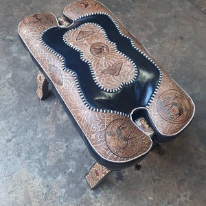 Large Camel Saddle Stool, Ottoman Piano Bench Seat, Wooden Saddle Stool With Genuine Leather Cushion, Boho Leather Stool, Moroccan Style image 5