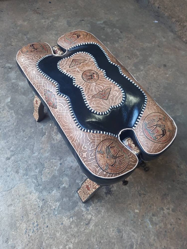 Large Camel Saddle Stool, Ottoman Piano Bench Seat, Wooden Saddle Stool With Genuine Leather Cushion, Boho Leather Stool, Moroccan Style image 5