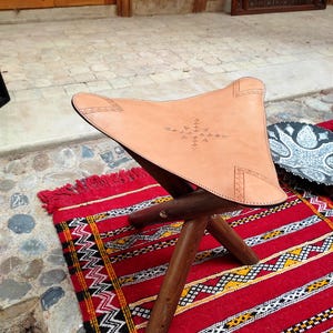 100% Handmade Leather Folding Stool, Genuine Cow Leather Tripod Camp Stool, Bohemian Triangl Leather Chair, Available in 6 colors. Natural #2