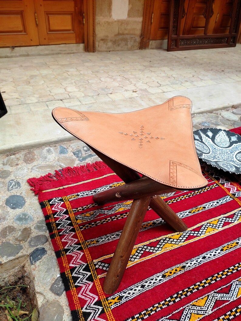 100% Handmade Leather Folding Stool, Genuine Cow Leather Tripod Camp Stool, Bohemian Triangl Leather Chair, Available in 6 colors. Natural #2