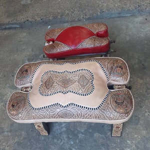 Large Camel Saddle Stool, Ottoman Piano Bench Seat, Wooden Saddle Stool With Genuine Leather Cushion, Boho Leather Stool, Moroccan Style image 7