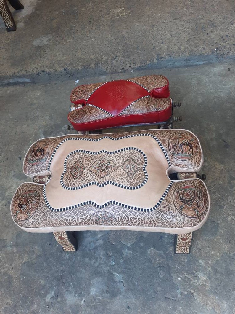 Large Camel Saddle Stool, Ottoman Piano Bench Seat, Wooden Saddle Stool With Genuine Leather Cushion, Boho Leather Stool, Moroccan Style image 7