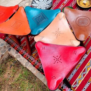 100% Handmade Leather Folding Stool, Genuine Cow Leather Tripod Camp Stool, Bohemian Triangl Leather Chair, Available in 6 colors. image 15