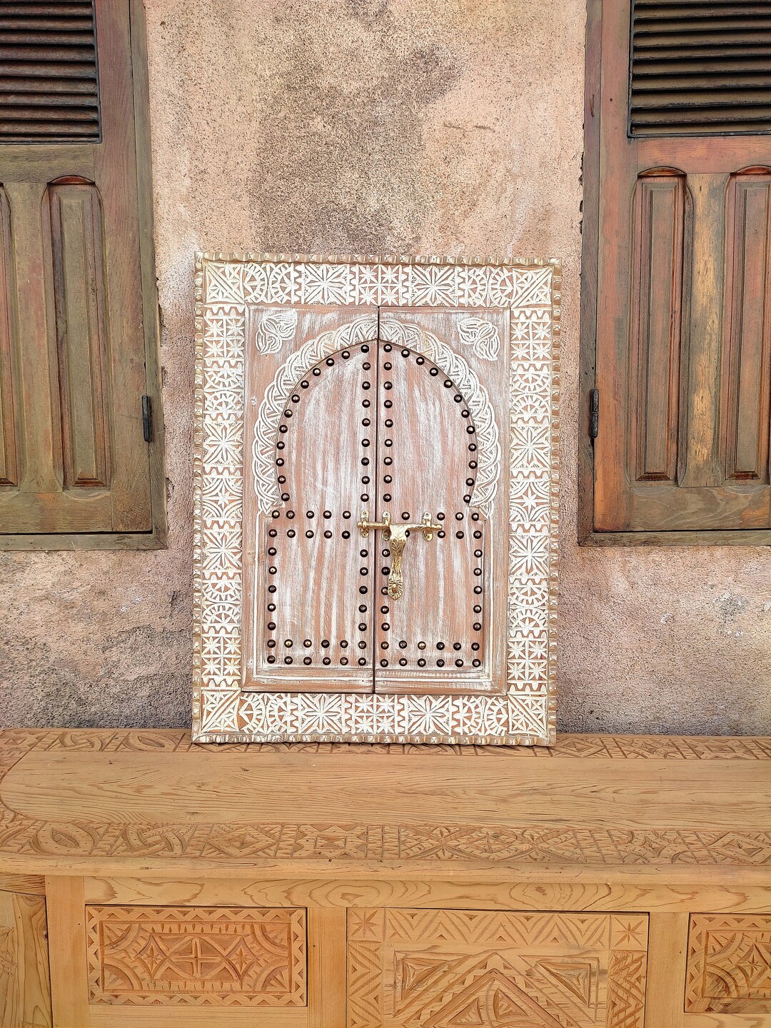 Rustic Hand Carved Wall Decor, Vintage Style Moroccan Door With Brass