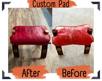 Customized Replacement Pad for Camel Saddle Stool, Personalized Genuine Leather Cushion with Arabic Patterns, 8 Colors Available.