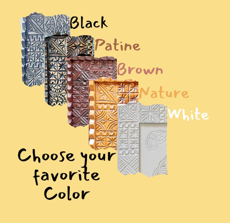 May include: An image showcasing five carved wooden frames in various colors: black, patine, brown, nature, and white. The text "Choose your favorite color" is also displayed.