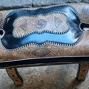 Large Camel Saddle Stool, Ottoman Piano Bench Seat, Wooden Saddle Stool With Genuine Leather Cushion, Boho Leather Stool, Moroccan Style image 4