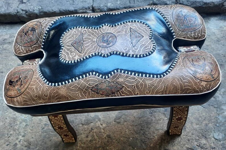 Large Camel Saddle Stool, Ottoman Piano Bench Seat, Wooden Saddle Stool With Genuine Leather Cushion, Boho Leather Stool, Moroccan Style image 4