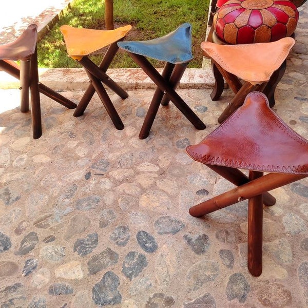 100% Genuine Cow Leather Folding Stool, Handmade Moroccan Tripod Camp Stool, Bohemian Triangl Leather Chair, Available in 6 colors.