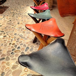 Handmade Folding Triangular Stool, Camping Stool Withe Genuine Cow Leather, Wooden Tripod Camp Stool, Moroccan Style, Available in 6 colors.