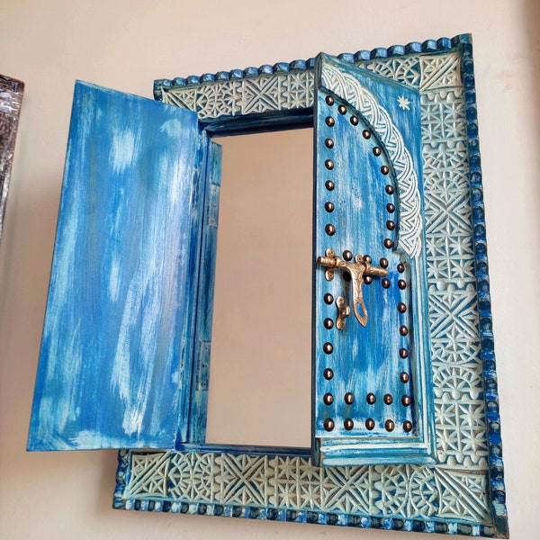 HandCarved Rustic Mirror, Hidden Mirror Behind a Blue Moroccan Door in Vintage Style, Wall Mirror in Old Style, Riad Window with Brass Latch