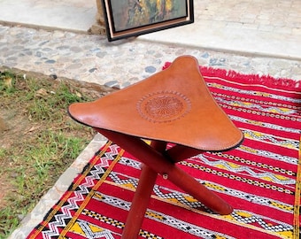 100% Handmade Leather Folding Stool, Genuine Cow Leather Tripod Camp Stool, Bohemian Triangl Leather Chair, Available in 6 colors.