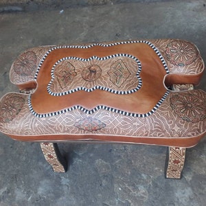 Large Camel Saddle Stool, Ottoman Piano Bench Seat, Wooden Saddle Stool With Genuine Leather Cushion, Boho Leather Stool, Moroccan Style image 1
