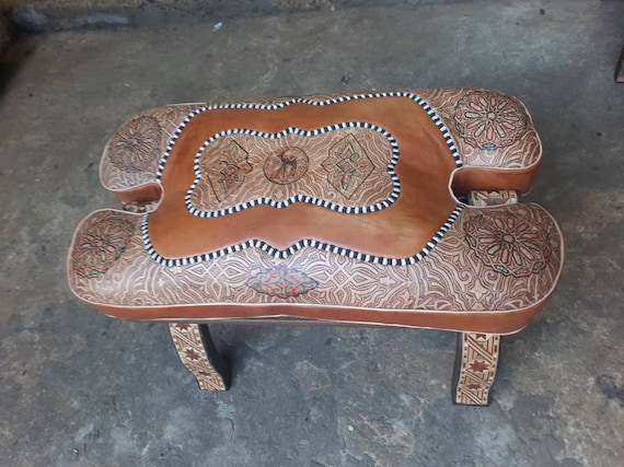 Large Camel Saddle Stool, Ottoman Piano Bench Seat, Wooden Saddle Stool With Genuine Leather Cushion, Boho Leather Stool, Moroccan Style