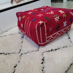 Astounding Red Knitted Bohemian Floor Cushion, Soft Handmade Moroccan Rug Pouf, Displays Multicolored Berber Motifs, Wool Pouf Ottoman Style
