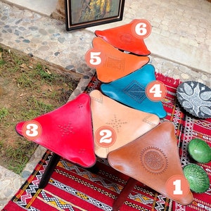 Handmade Folding Triangular Stool, Camping Stool Withe Genuine Cow Leather, Wooden Tripod Camp Stool, Moroccan Style, Available in 6 colors. image 10