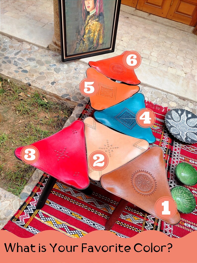 Handmade Folding Triangular Stool, Camping Stool Withe Genuine Cow Leather, Wooden Tripod Camp Stool, Moroccan Style, Available in 6 colors. image 10