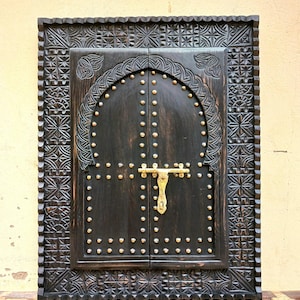 Moroccan Vintage Style Hand Carved Wall Decor, Black Wooden And Brass Wall Window, Decorative Moroccan Door, Old Wooden Wall Art Window.