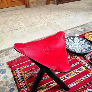 100% Handmade Leather Folding Stool, Genuine Cow Leather Tripod Camp Stool, Bohemian Triangl Leather Chair, Available in 6 colors. Red #3