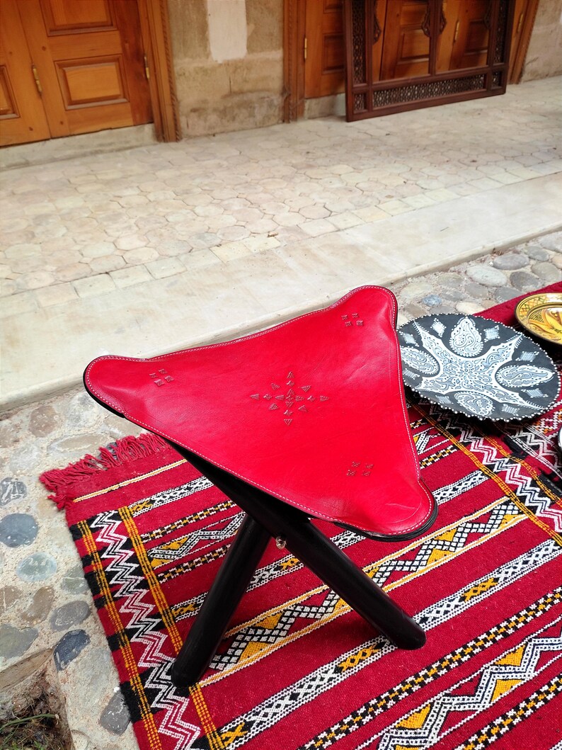 100% Handmade Leather Folding Stool, Genuine Cow Leather Tripod Camp Stool, Bohemian Triangl Leather Chair, Available in 6 colors. Red #3