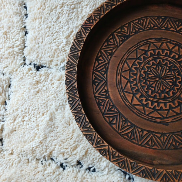 Unique Ethnic Hand Carved Berber Decorative Tray, Solid Wooden Round Multipurpose Serving Tray, Beautiful Moroccan Touch, Gorgeous Gift.
