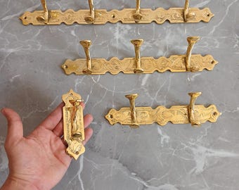 Pack of Handcrafted Double Brass Hooks, Heavy Duty Solid Brass Hooks, Wall Mounted with Screws, Moroccan Style Bathroom Brass Hooks.