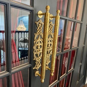 Set Of 2 Large Solid Brass Door Handles, Face Fix 20 Inches, Thicker Hand Engraved Door Pull Handles, Moroccan Design Pure Brass Door Pull.