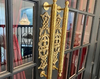 Set Of 2 Large Solid Brass Door Handles, Face Fix 20 Inches, Thicker Hand Engraved Door Pull Handles, Moroccan Design Pure Brass Door Pull.