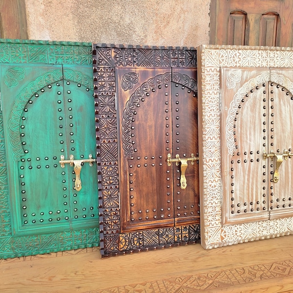 Decorative Hand Carved Moroccan Door with Brass Latch, Moroccan Vintage Style Carved Window, Old Riad Window Frames, Hanging Wall Art Door.