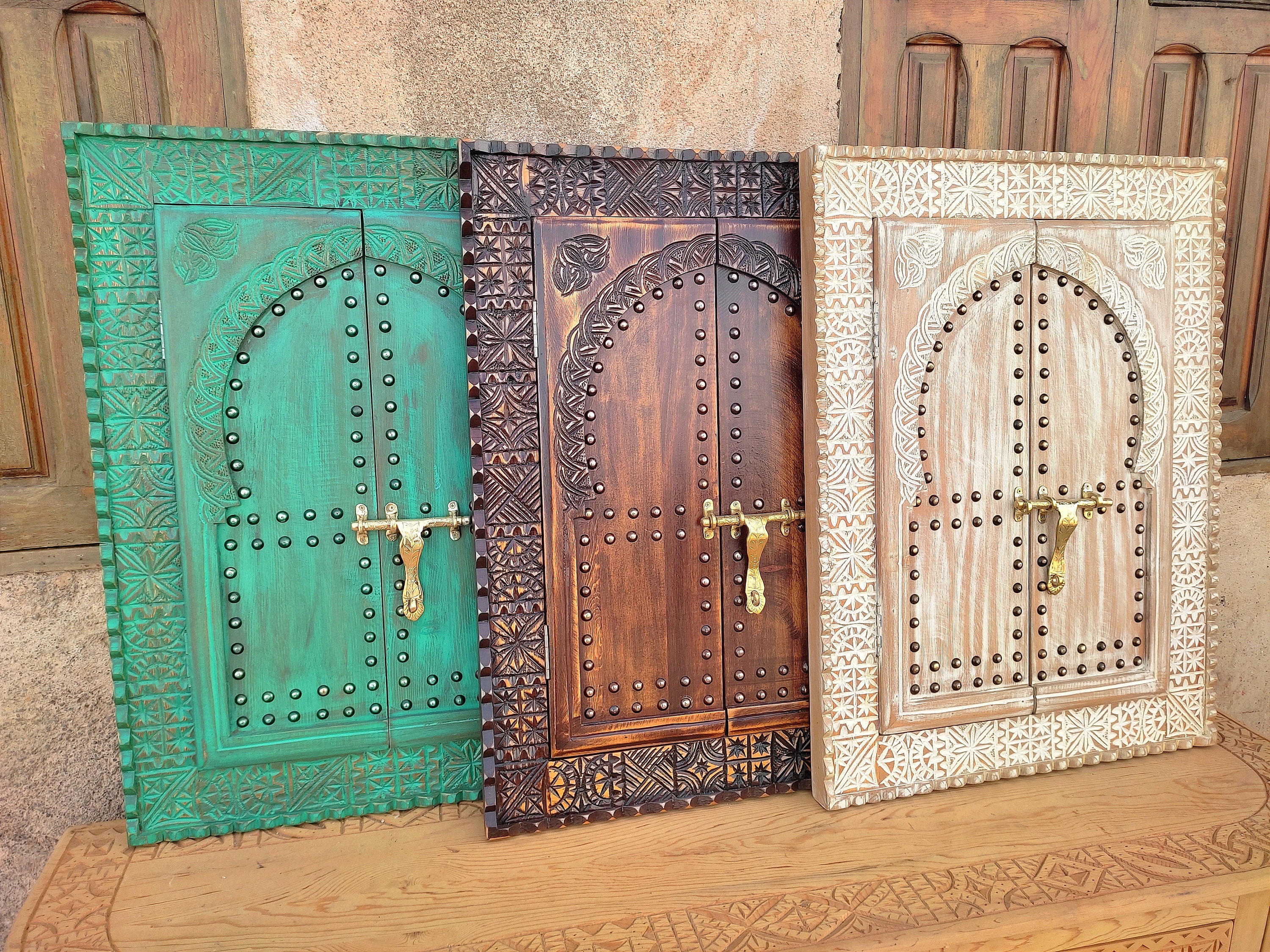 Decorative Hand Carved Moroccan Door With Brass Latch, Moroccan