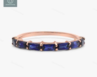 Baguette Cut Blue Sapphire Ring: Half Eternity Band, 14K Gold Wedding Ring For Her