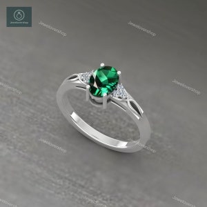 Sterling Silver Emerald Ring: 14K Gold Minimalist Art Deco Ring