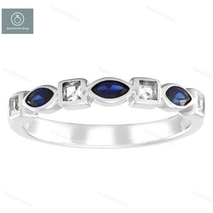Blue Sapphire Ring, 14K Gold Wedding Band, September Birthstone, Half Eternity Band, Wedding Ring, Stacking Ring, Anniversary Gift For Her