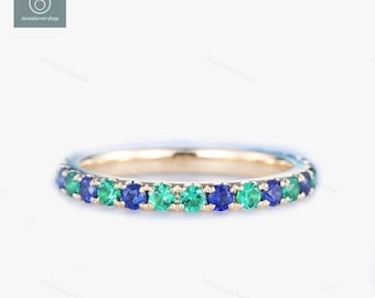 Emerald & Sapphire Ring, Sapphire Wedding Ring, Eternity Ring Band, Emerald Engagement Ring, May Birthstone Ring, Promise Ring, Mothers Gift