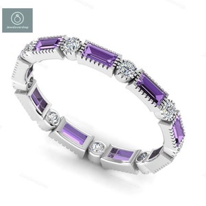 Amethyst Gemstone Ring, Amethyst Wedding Ring, Full Eternity Ring, 925 Sterling Silver Ring, White Gold Ring, February Birthstone Gift Ring