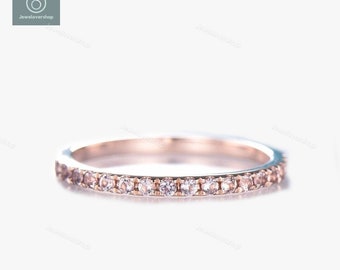 14K Rose Gold Morganite Ring, Morganite Eternity Band, Morganite Wedding Ring, Dainty Morganite Ring, Silver Stacking Ring, Birthstone Ring