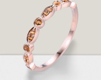 Natural Citrine Wedding Band 14K Rose Gold Art Deco Half Eternity Ring Citrine Matching Band Milgrain Style Anniversary Ring 925 Silver Ring