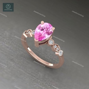 Pink Sapphire Engagement Ring Pink Sapphire Pear Cut Diamond Ring 14K Rose Gold Ring Sapphire Ring Silver Pink Gemstone Ring Gift For Mom