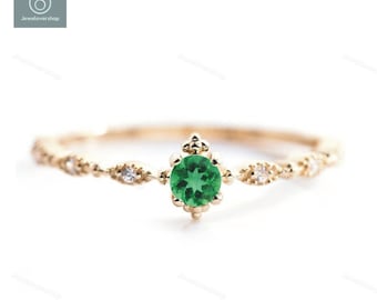 Dainty Emerald Ring, May Birthstone Ring, Emerald Silver Ring, Stacking Ring, Gemstone Ring, CZ Diamond Wedding Ring, Anniversary Gift Ring