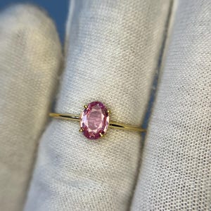 Dainty 14K Yellow Gold Pink Sapphire Ring - Oval Stone